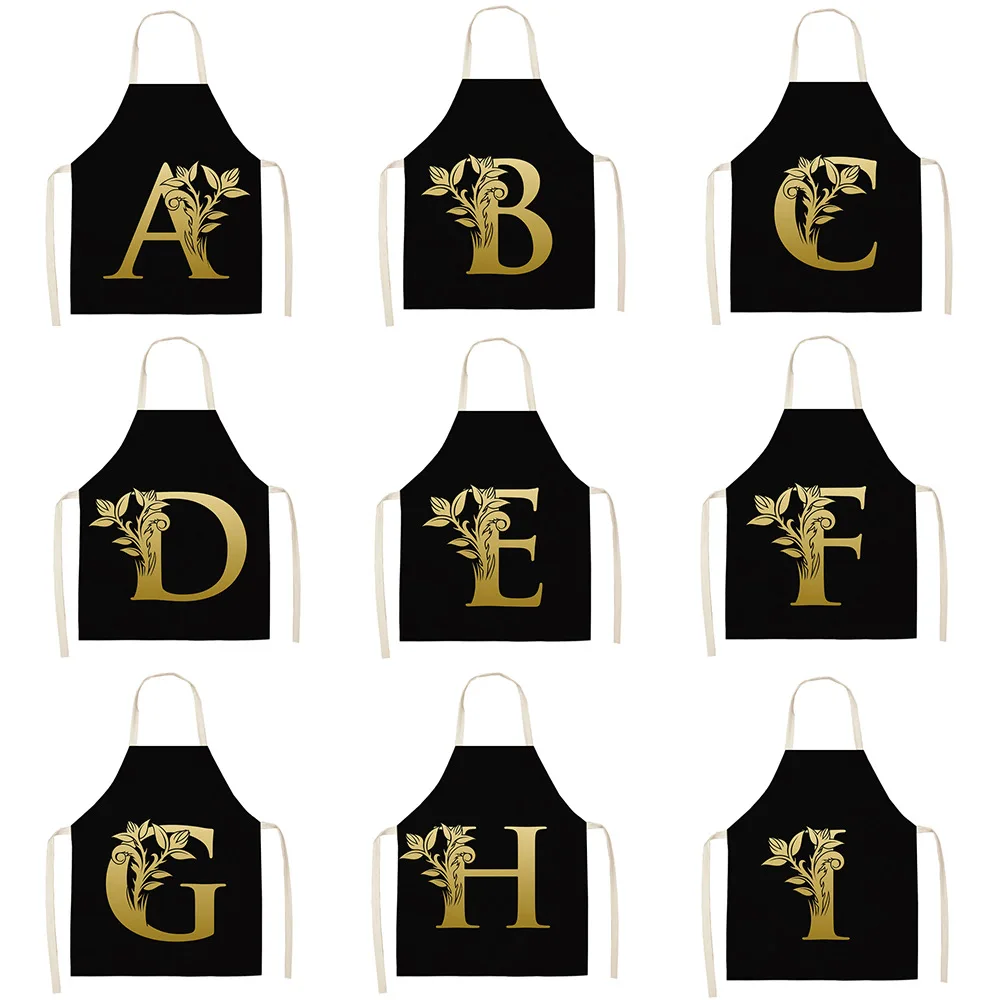

Customized Letter Apron Black Golden Flower Kitchen Aprons for Women Cotton Linen Bibs Household Cleaning Pinafore Home Cooking