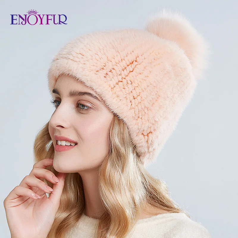 ENJOYFUR Мягкие Вязаные норковые меховые шапки для женщин зимние из натурального меха лисы бини с помпоном Модные Цветные Молодежные шапки на осень