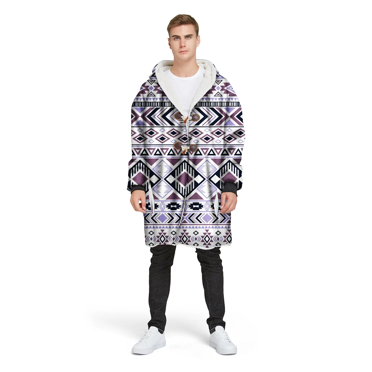 

Customer made 3D print custom design man's Sherpa coat loose long winter plus velvet jacket 100% polyester hooded warm CL44