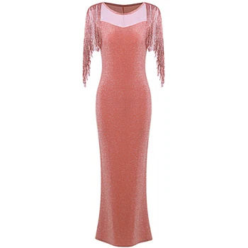 Gold Vacation Tassel Elegant Womens Maxi Summer Dresses Slim Hip Fishtail Tunic Women Long Dress Casual Sequins Sexy Women Clothing - Color: Gold