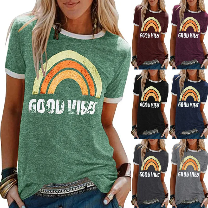 GULE mujeres gráfico camisetas buena camisa Vibes manga corta T camisas estampado de arco iris de verano lindo Tops