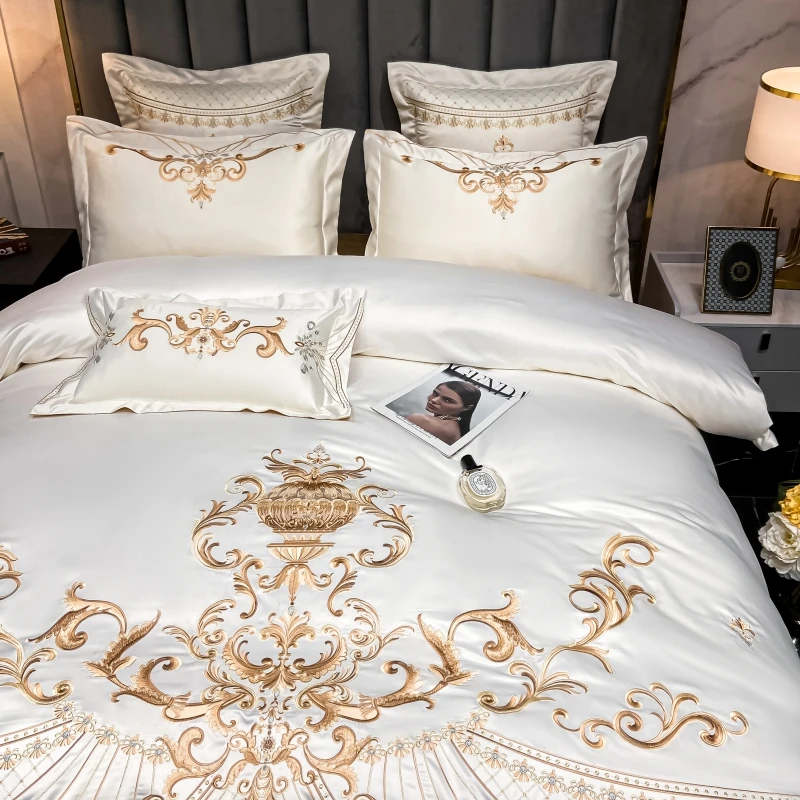 Luxury Gold Royal Embroidery Satin Silk Cotton Bedding Set Smooth Silky Double Duvet Cover Set Comforter Cover And Pillowcases