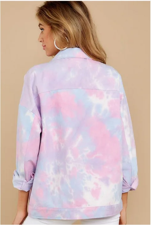 Ladies Autumn Tie-dye Jacket Casual Loose Long Sleeve Lapel Metal Button Jacket Cardigan