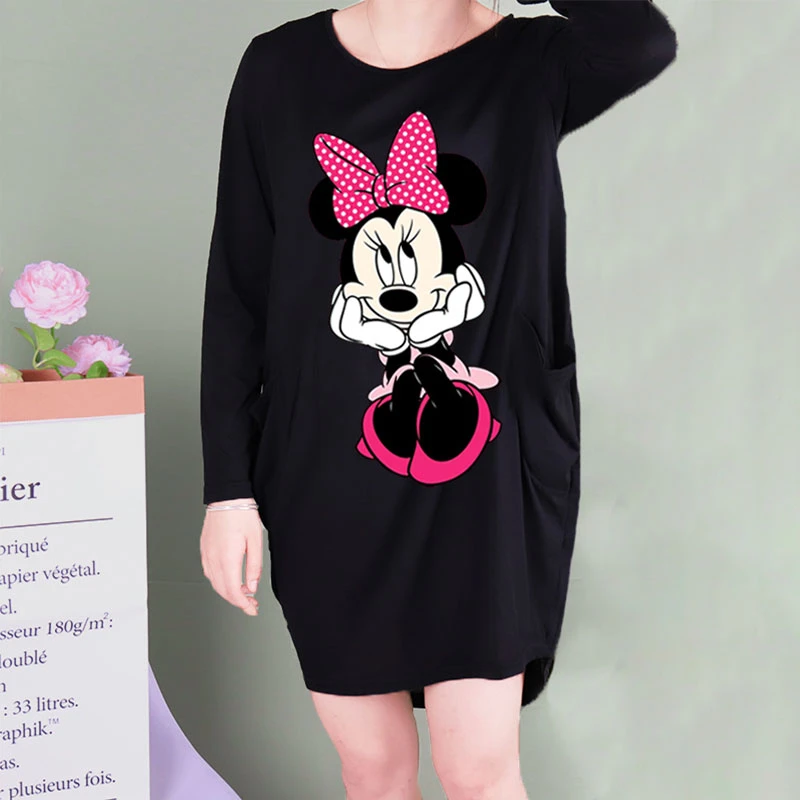 wedding dresses Disney Plus Size Midi Dress Long Sleeve Robe Casual Minnie Mickey Mouse Print Beach Loose Dresses Kawaii Sundress Women Clothing satin dress