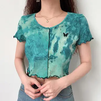 

Summer new tie-dye butterfly embroidery navel cardigan t-shirt women