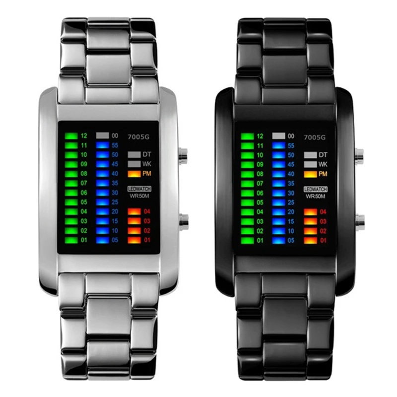 Binary Watch Resistant Watches Men 3ATM Waterproof Alarm Chrono Rectangle Dial Canlender Black Light Tough Structure