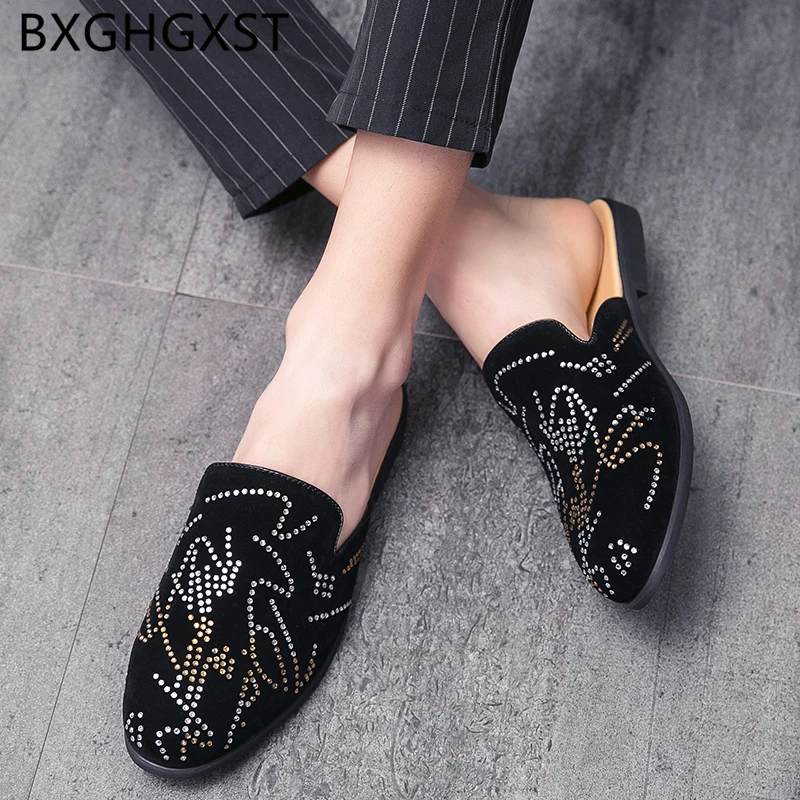 Coiffeur half shoes for men fashion Rhinestone mules shoes men slippers summer black 2020 slippers outdoor mens shoes casual