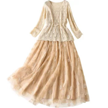 

2020 The New Spring Women Knitting Two Piece Set Dress V-Neck Fashion Elegant Ladies Party Casual Korean Mesh Sexy Maxi Clothes