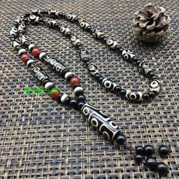 

Natural Tibet Dzizhu Three Eyes Nine Eyes Dzi Beads Vermilion Pendant Necklace