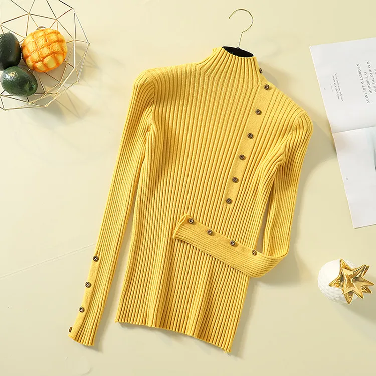 Fashion Turtleneck Sweater Women Long Sleeve Button Decoration Slim Women Pullover Sweater 2019 Autumn Winter Female Jumpers (18)
