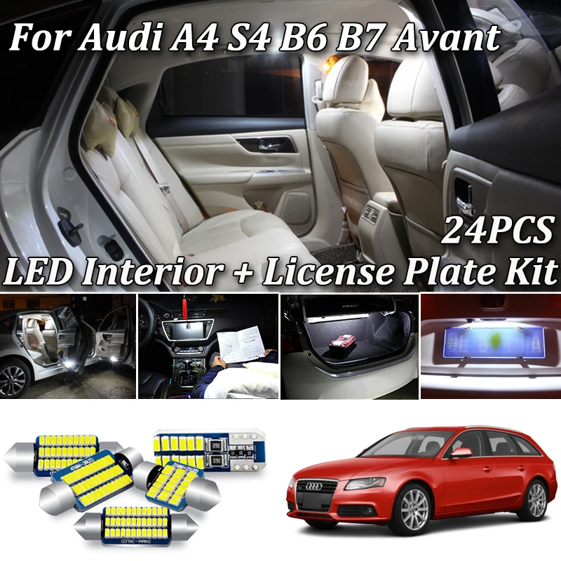24Pcs White Canbus Error Free For Audi A4 S4 RS4 B6 B7 8E Avant LED License plate Lamp + Interior Lights Kit (2002-2008) | Автомобили и