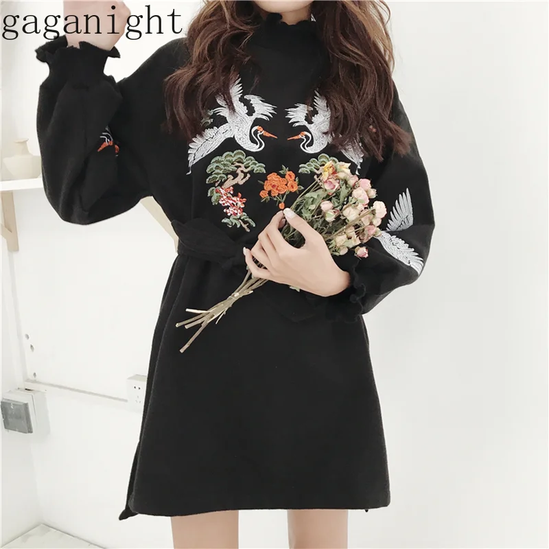 

Gaganight Embroidery Crane Autumn Winter Women Dress Long Sleeve Turtleneck Flower Mini Dresses Female Sash Vintage Elegant Robe