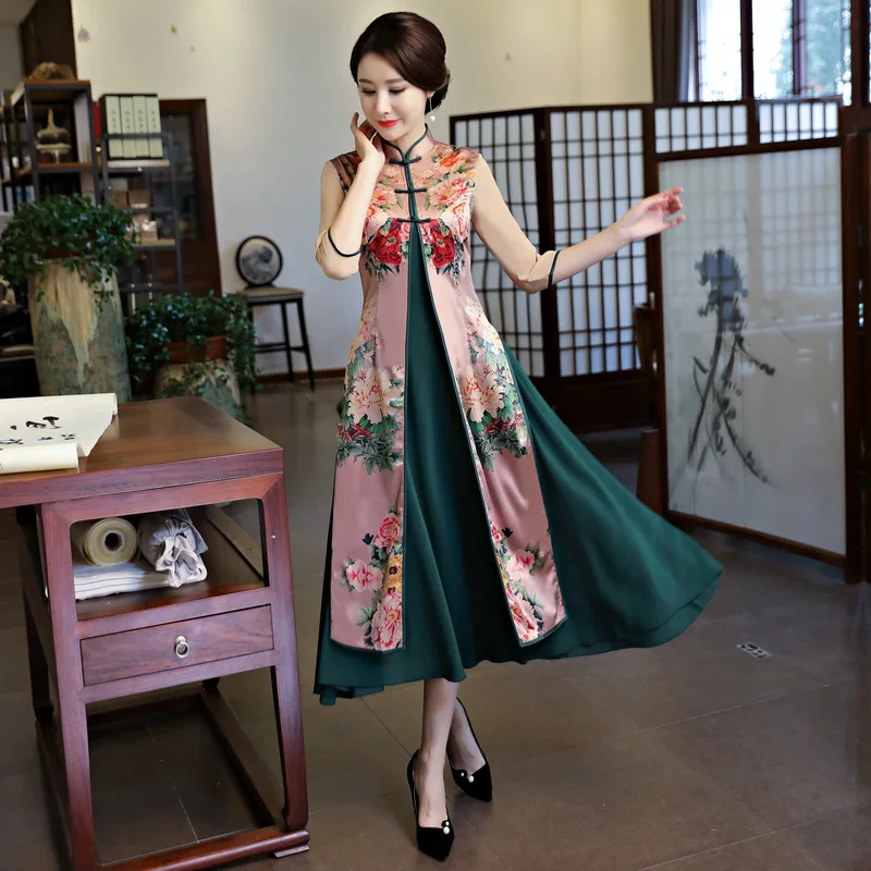 Китайское традиционное китайское платье Cheongsam с воротником «Мандарин» из двух частей, женское платье Ципао на пуговицах ручной работы, платье Чонсам с цветами