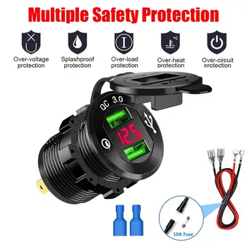 

Motorcycle Dual USB QC 3.0 Car Charger Socket 12V-24V 36W Cigarette Lighter Sockets LED Voltmeter Power Plug Outlet Dropshipping