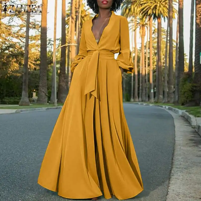 Plus Size Women's Maxi Sundress 2020 ZANZEA Stylish Summer Shirt Dress Sexy Puff Sleeve Vestidos Female Button Solid Robe 5XL Plus Size Women's Maxi Sundress 2020 ZANZEA Stylish Summer Shirt Dress Sexy Puff Sleeve Vestidos Female Button Solid Robe 5XL