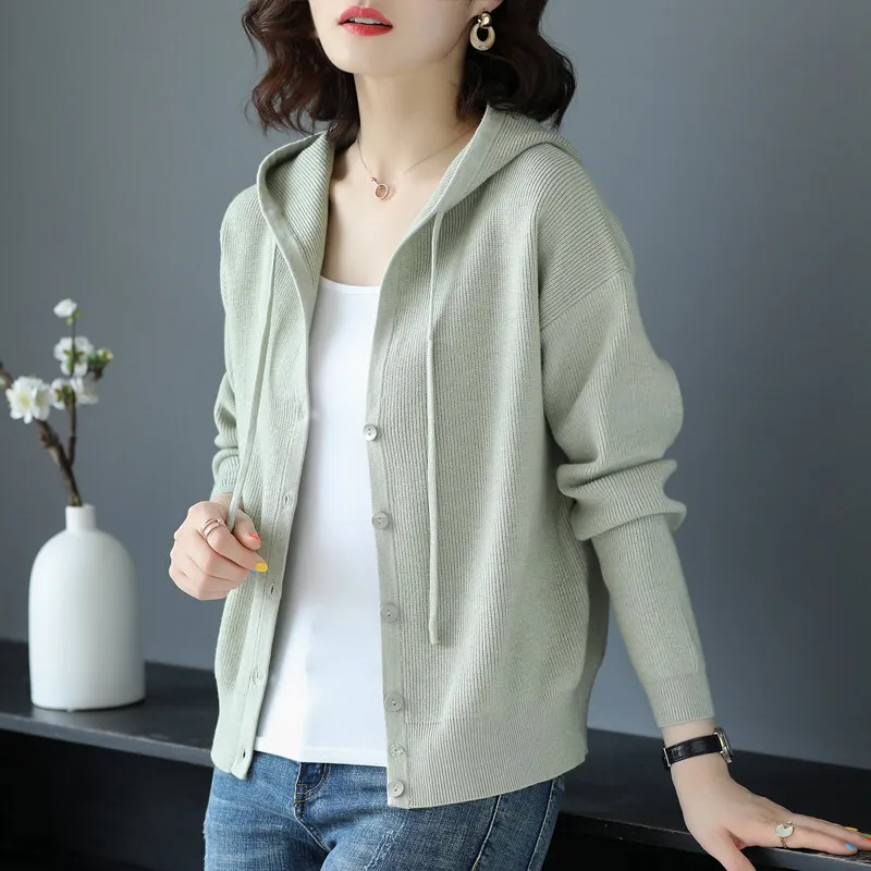 Женское трикотажное пальто с капюшоном весна и осень Повседневный Кардиган короткий женский свободный тонкий свитер корейский стиль DD2354