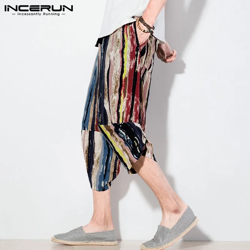 

INCERUN 2020 Men Color Striped Print Cropped Pants Colorful Loose Baggy Wide-legged Bloomers Men's Wide Crotch Harem Trousers