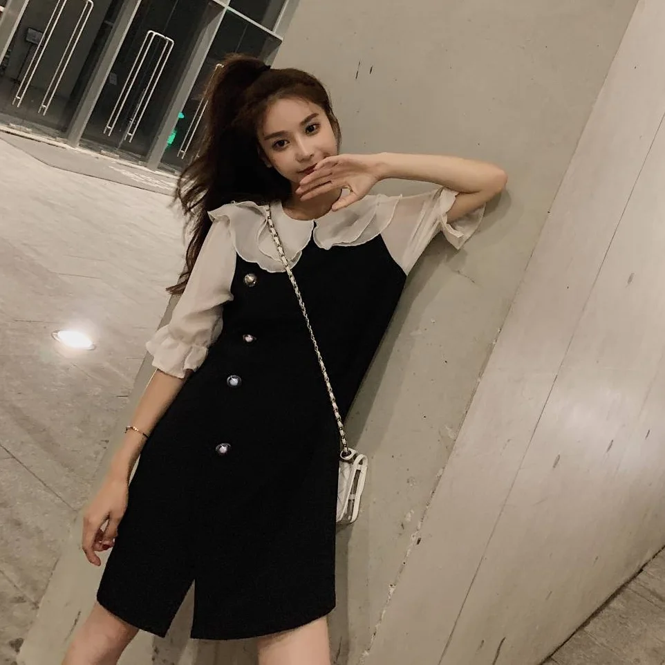 

Photo Shoot Main Push INS GIRL'S Platycodon Grandiflorum First Love Black And White with Pattern Double Layer Doll Loose-Fit Sin