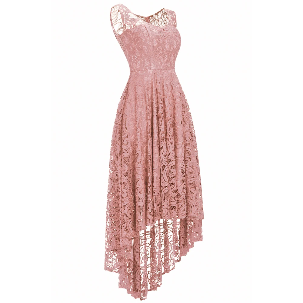 

elegant embroidery floral lace dress women 2020 summer irregular high waist o neck sleeveless dresses