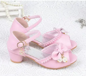 

ZE15- Children's Kids Girls Princess Sandals Leather Shoes Pearl Chain High Heels Bowtie 4-12 years old