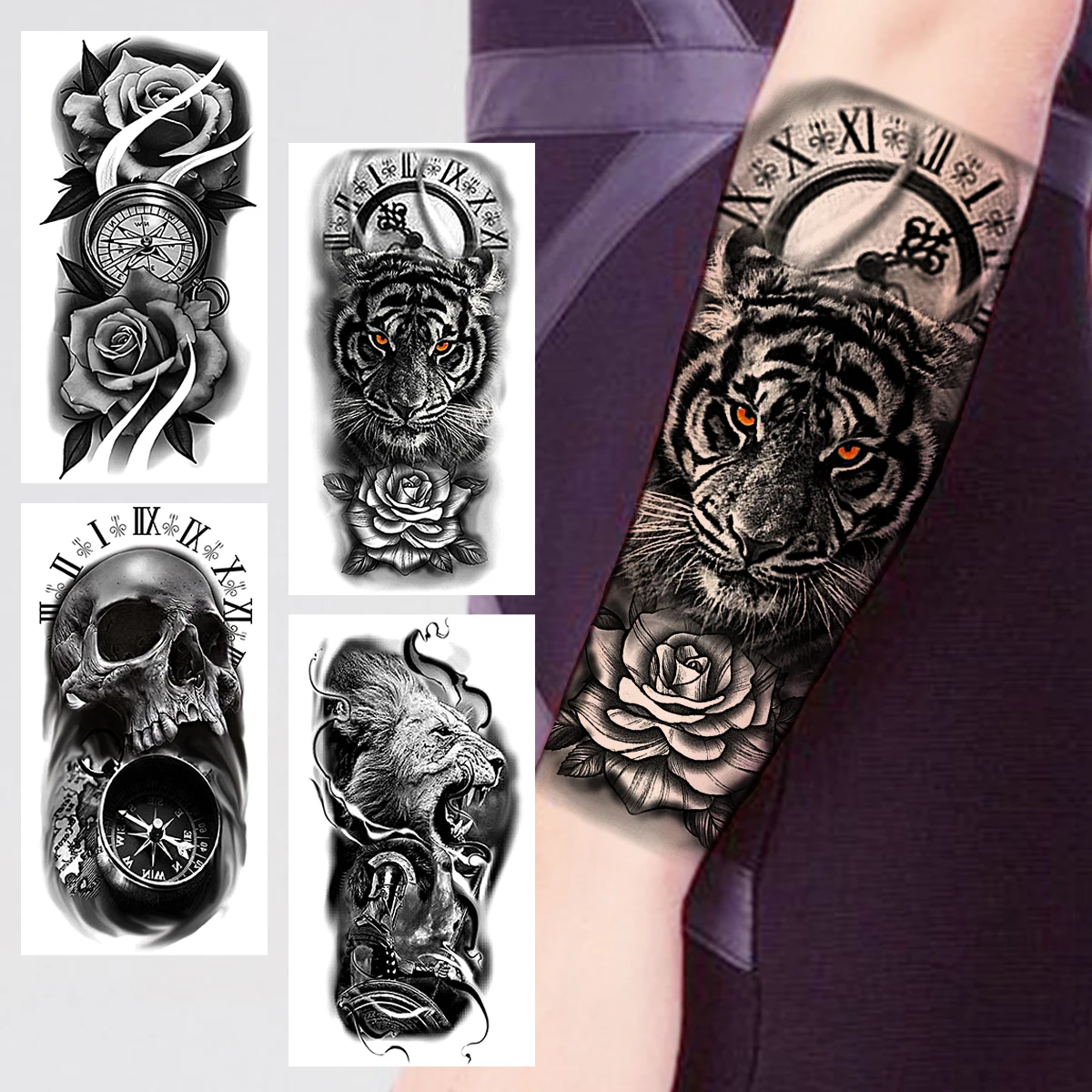 

Tiger Compass Flower Temporary Tattoos For Women Men Realistic Skull Lion Samurai Fake Tattoo Sticker Forearm Creative Tatoos 3D