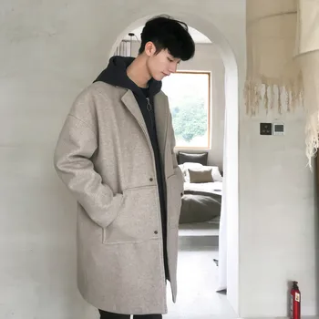 

Winter New Hooded Woolen Coat Men's Fashion Solid Color Fake Two-piece Casual Woolen Jacket Man Loose Long Woolen Coat Male