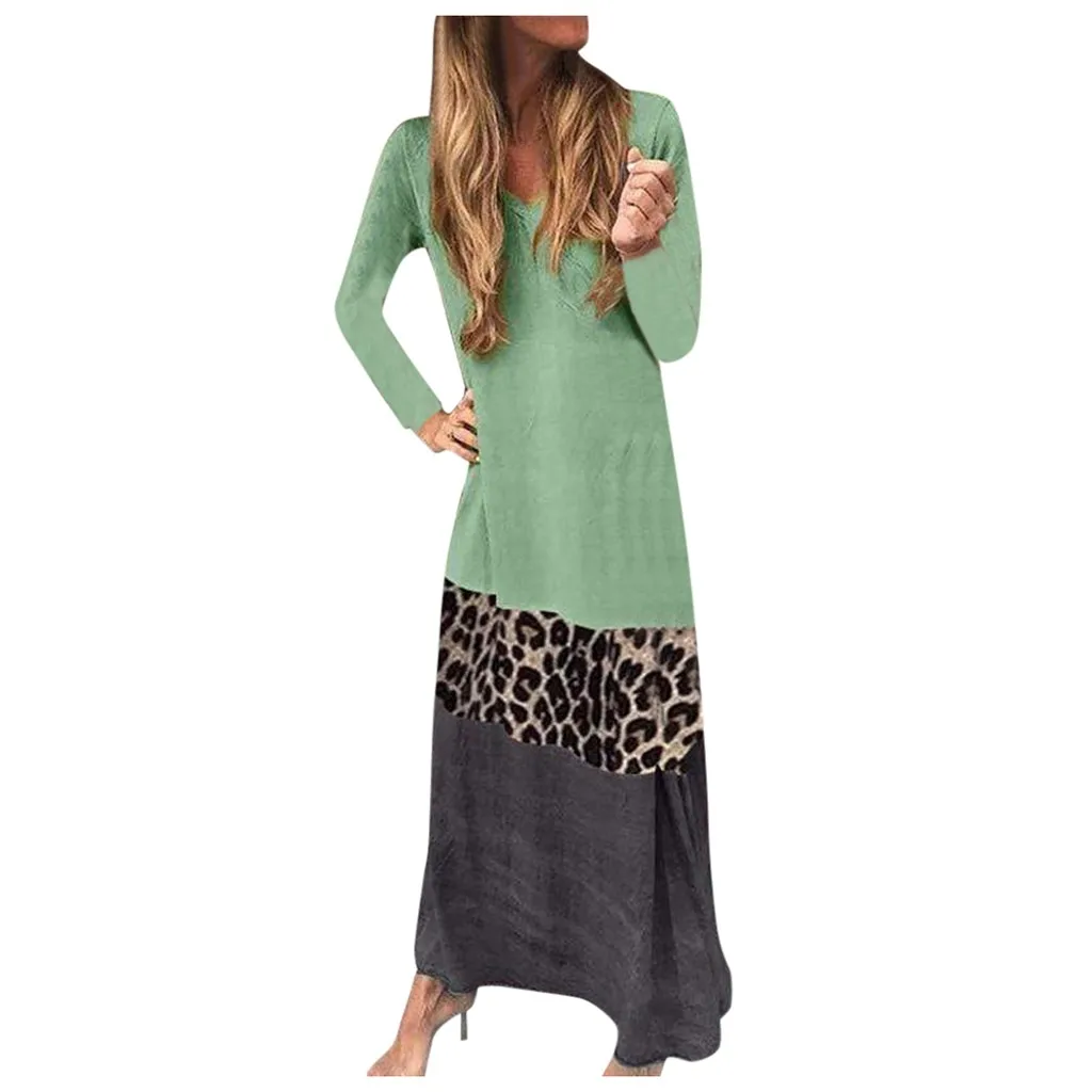 

Jaycosin Leopard Casual Maxi Dresses For Women Holiday Vocation Beach Natural Ankle-Length Vestido Autumn Dress Women Vestido