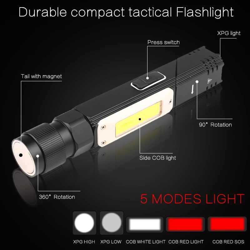 8000LM Led Flashlight Handfree Dual Fuel 90 Degree Twist Rotary Clip Waterproof Magnet Mini Lighting LED Torch Outdoor