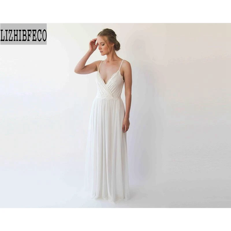 

Ivory Chiffon Lace V-Neck Spaghetti Straps Floor-Length A-line Mother of the bride dresses Custom made