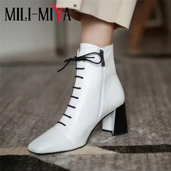 

MILI-MIYA Fashion Design Women Ankle Boots Solid Color Square Toe Full Genuine Leather Zipper Strange Heels Size 34-40 Handmade
