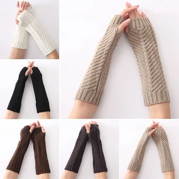

Hand Warm Female Fingerless Arm Warmers Solid Arm Sleeve Cuff Wool Knitted Gloves For Woman Winter Keep Warm High Elastic