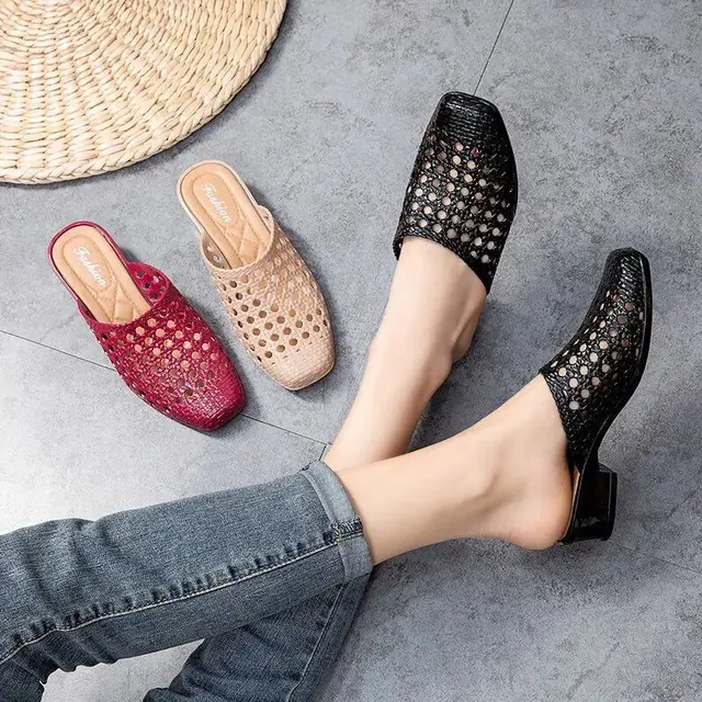 Sandalias de playa suaves para mujer, zapatos de tacón medio ahuecados, estilo coreano, antideslizantes, color negro, albaricoque, rojo, 2021 - Imagen 5