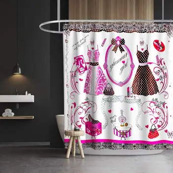 

Paris Fashion Shower Curtain Princess Dress Theme Cloth Fabric Bathroom Decor Set with Hooks Waterproof Washable Red and Black