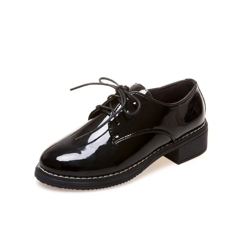 New Solid Leather Oxford Shoes for Women Flats Lace Up Square Low Heels Casual Shoes Woman Brogues Plus Size Zapatos De Mujer