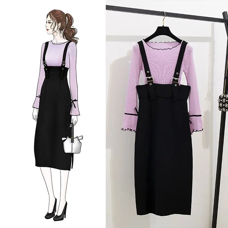 Autumn Women Flare Sleeve Knitted Bow Top+Mid-Long Black Suspender Skirt Set Streetwear Two-piece Set Strap Skirt Overalls