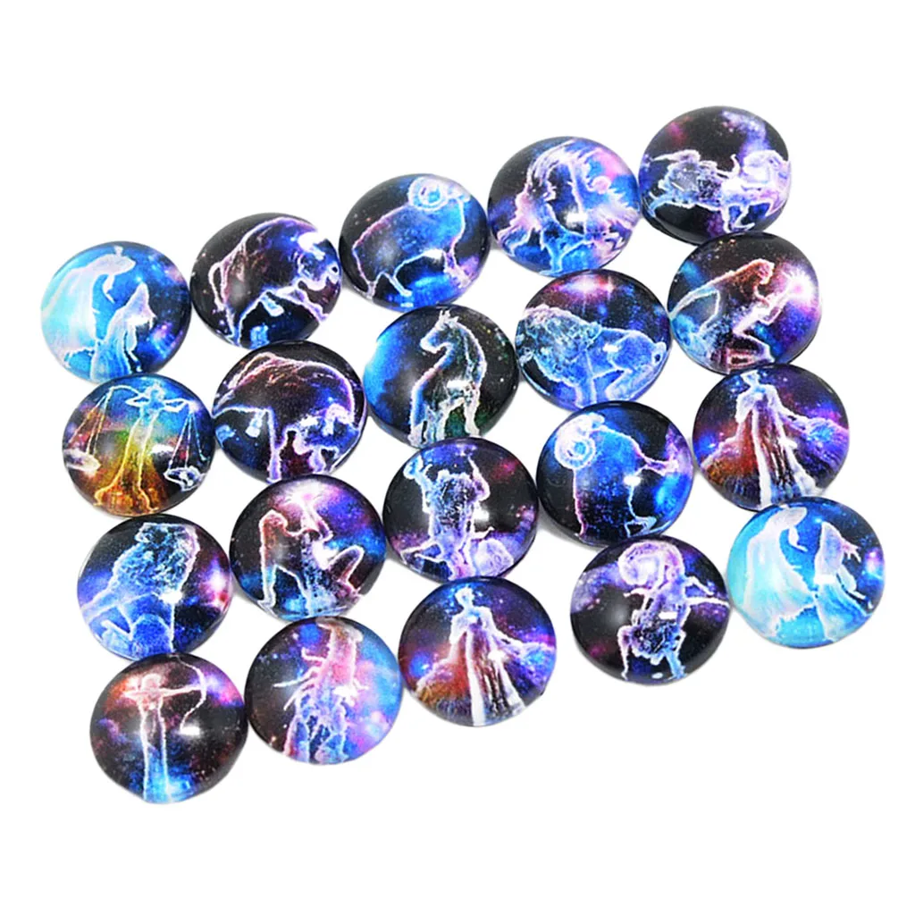 20pc Mixed The Signs of the Zodiac Round Glass Cabochons Flat Back Dome 10mm