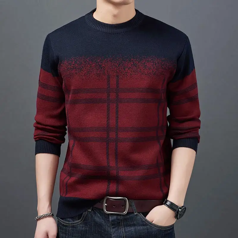 Повседневный толстый теплый зимний вязаный свитер в клетку, Мужская одежда, трикотажный пуловер, вязаные мужские свитера, мужская мода 02121 - Цвет: Красный