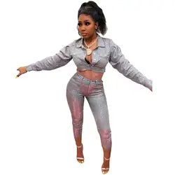 2019 осенние модные женские костюмы из 2 предметов с серебристыми блестками уличная женская одежда короткий топ с длинными рукавами длиной