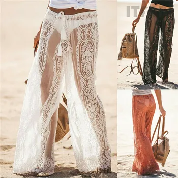 

Beach Style Women Lace Bell Bottoms Flare Trousers Mid Waist Wide Leg Long Pants Lace Hollow Out See Through Lace-up Pants New