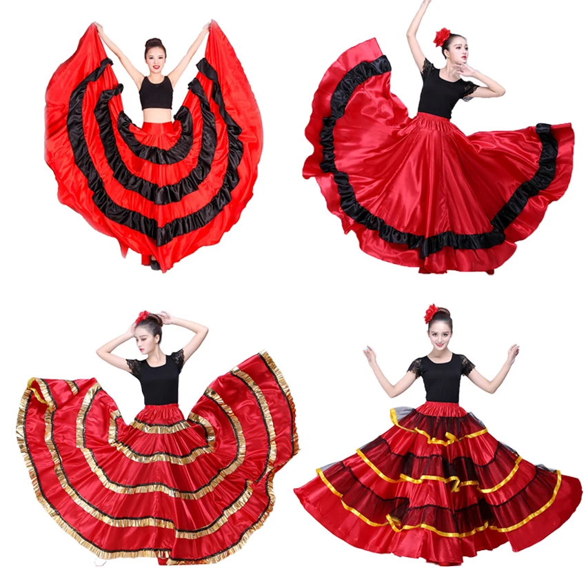 Women Flamenco Skirt Polyester Satin Carnival Party Ballroom Belly Dance Costumes Dress