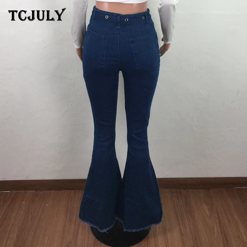 TCJULY Модные расклешенные джинсы с поясом, обтягивающие узкие эластичные джинсовые брюки, Уличная Повседневная синяя расклешенные джинсы для женщин