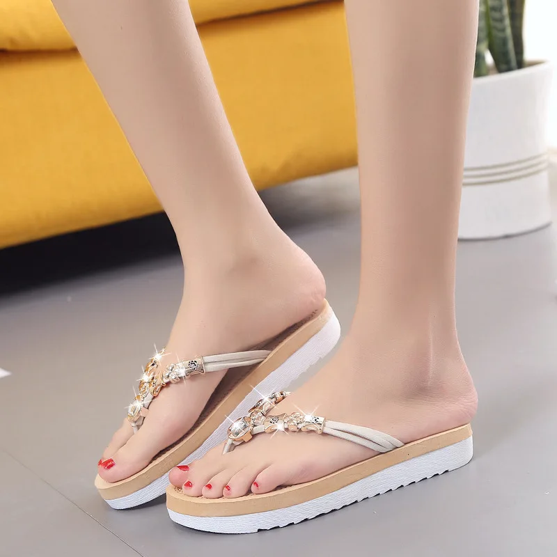 

Summer Slipper Women's Split Toe Flat Sandals Flat Heel Beaded Bracelet Man-made Diamond Flip-flops Beach Women's