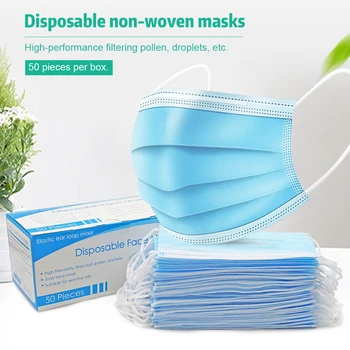 

Face Masks 50/100 Pcs 3 Layers Masks Non-woven Meltblown Cloth Disposable Mask -Dust Filter Earloop Mouth Masks