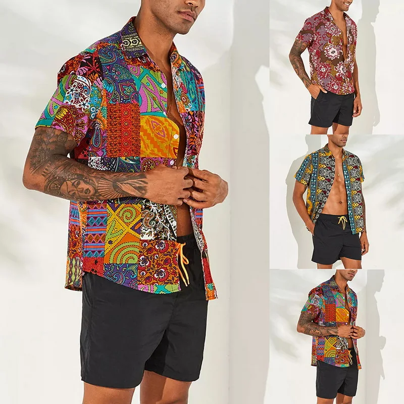 

MJARTORIA Men's 2019 New Retro Beach Shirt Fashion Floral Print Short Sleeve Casual Button Down Ethnic Style Shirt