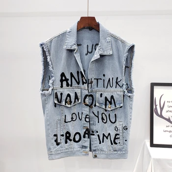

Summer Denim Vest Women Letter Embroidery Waistcoat Vintage Washed Frayed Sleeveless Jacket Coat Loose Classic Jeans Vest Female