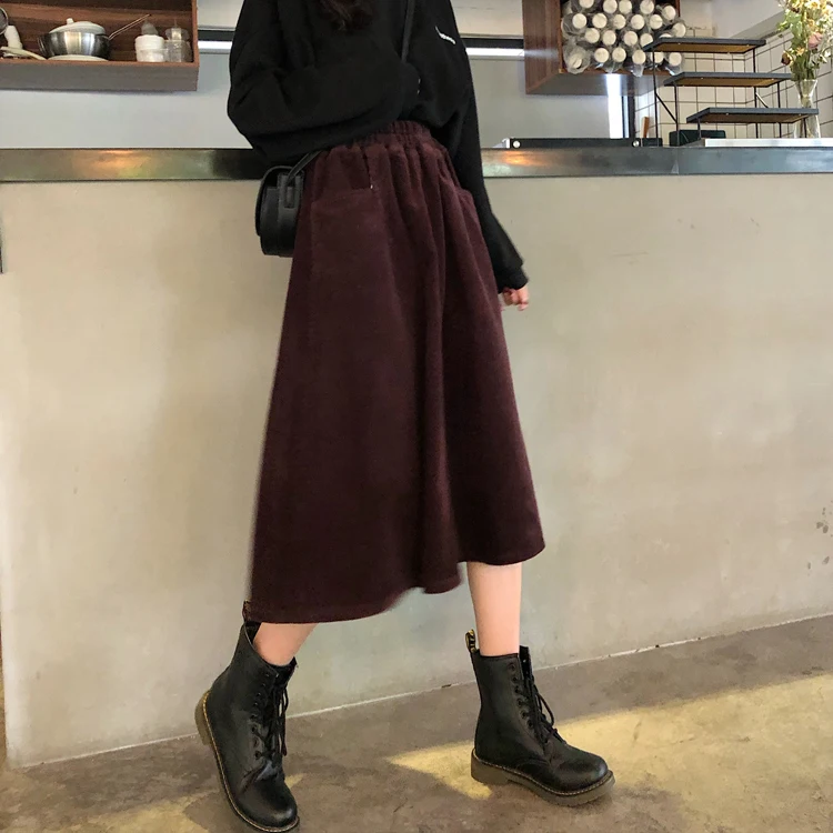 New Winter Autumn Harajuku Midi Corduroy Skirts Women Fashion A-Line Skirts Ladies Streetwear Plus Size High Waist Elastic skirt