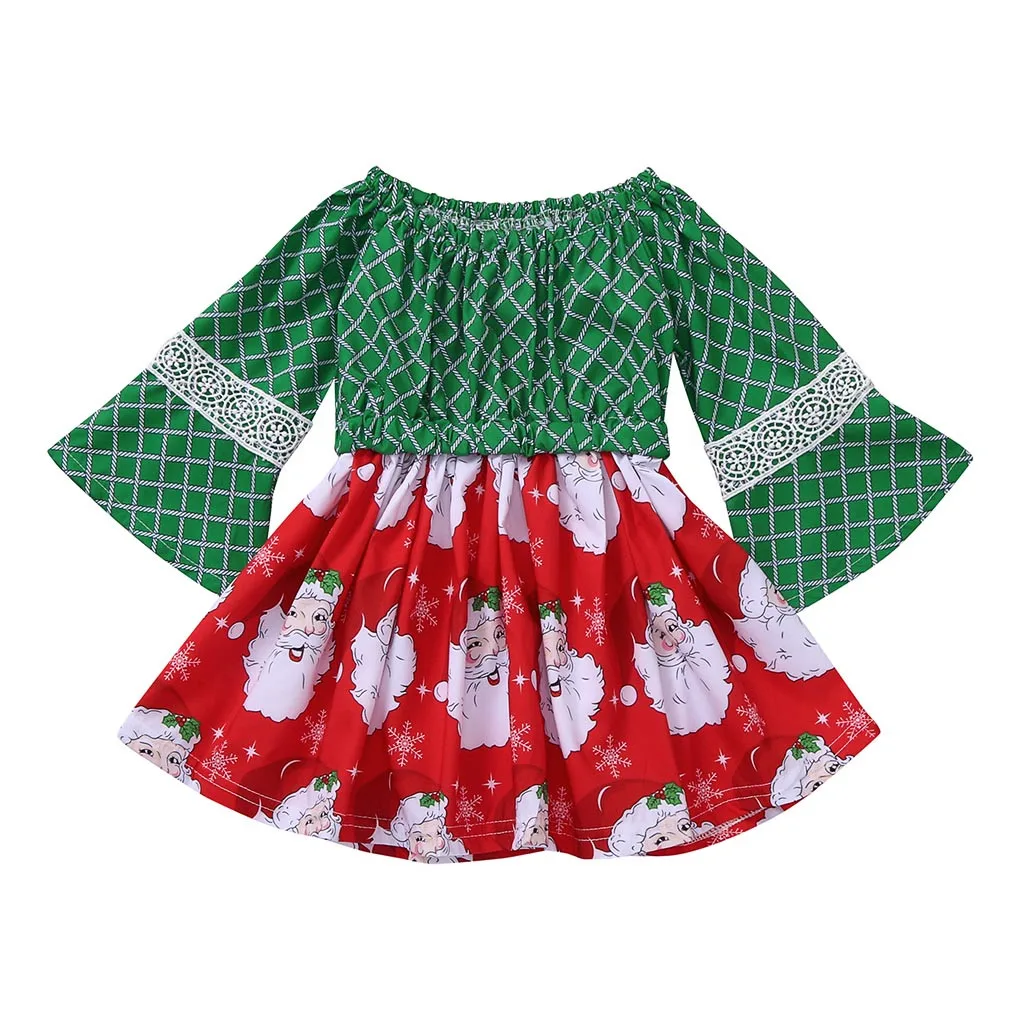 Christmas Baby Girl Dress Autumn Fashion Flare Sleeve Cartoon Santa Print Dress Clothes Free Ship vestido bebe فساتين اطفال Z4