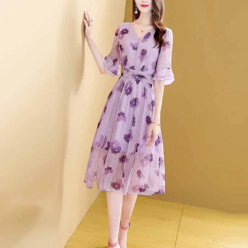 

Floral-Print Chiffon Dress 2019 Summer New Style Elegant Ladies' Elegant Feminine Skirt-