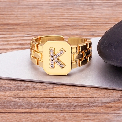 Arrival Fashion Gold Color Initial Ring Open Design Adjustable Hot Sale Watchband Chain A-Z Letters Zircon Rings For Women