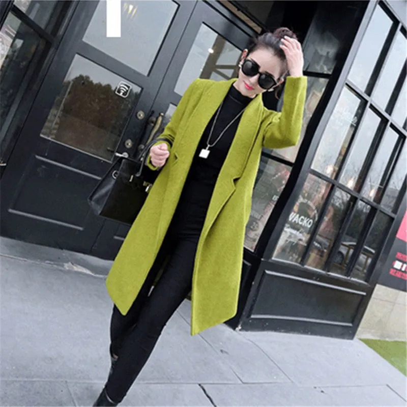 Корейский стиль Повседневная мода плюс размер женское легкое длинное пальто подходит шерстяное зеленое пальто